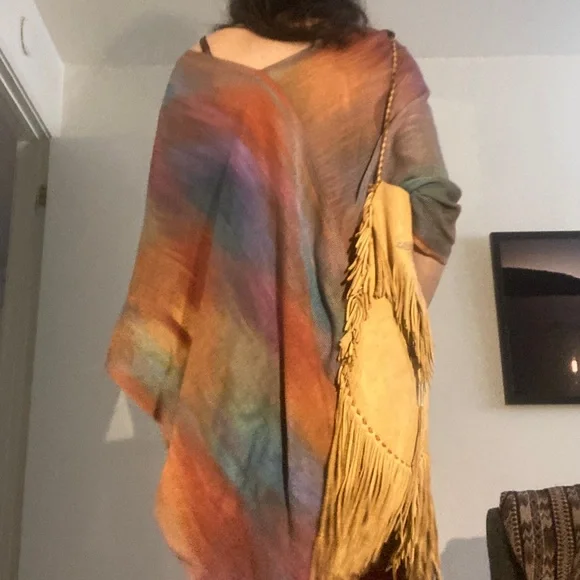 Vtg HAND WOVEN Silk poncho infinity scarf 70’s 60’s rainbow fringe bohemian art - Picture 2 of 5